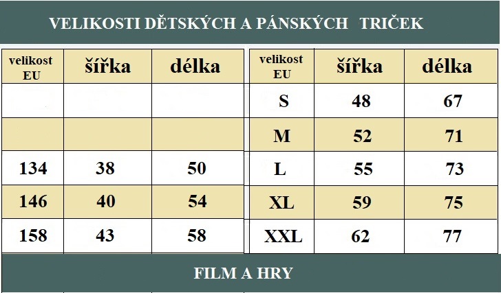 velikosti triček film a hry